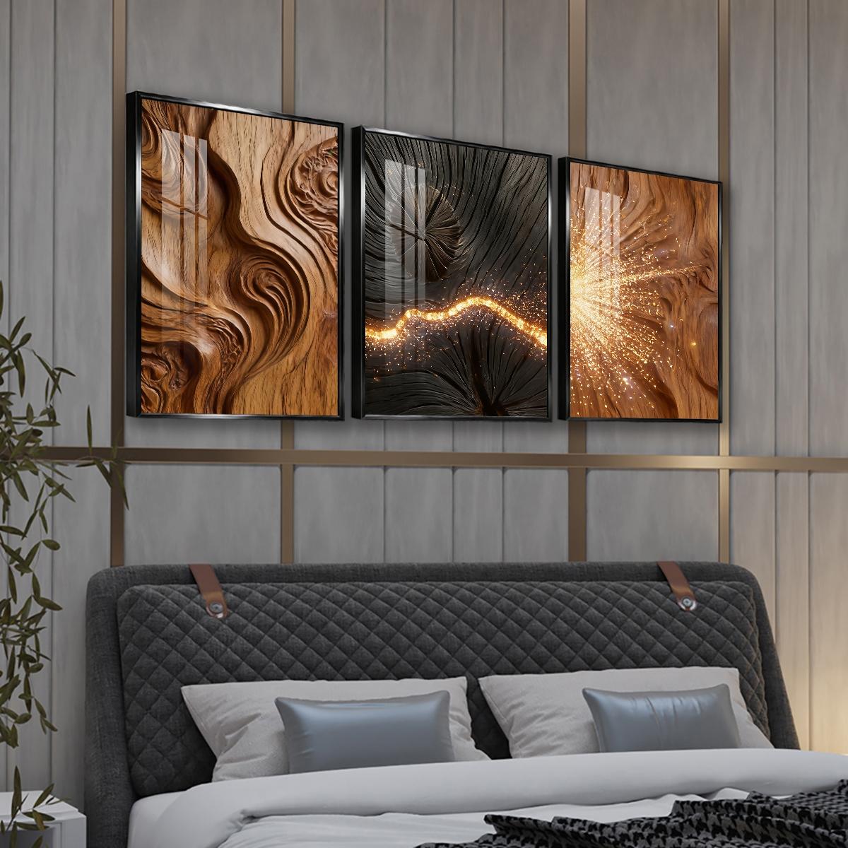 3 Counts Aluminum Alloy Framed Painting, Abstract Wood Texture And Golden Spark Art Pictures, Home Decoration For Living Room, Bedroom, Office, Restaurant, Hallway Wall Decor, Odorless Print Artwork, Luxury Perfect Gift For Friends And Family