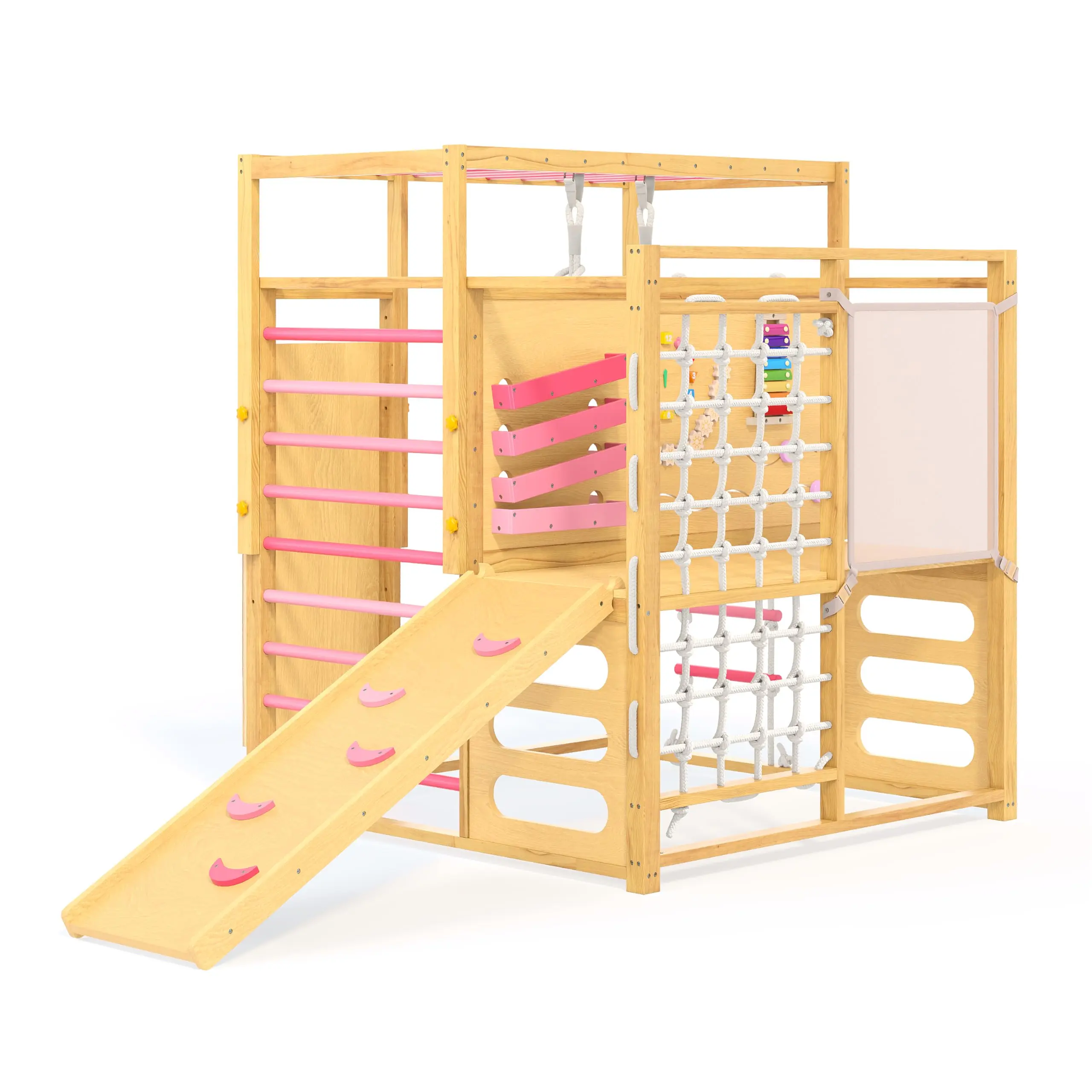 9-in-1 Child-Centered Wooden Indoor Jungle Gym for Kids Ages 2-8 – Climbing Playset with Slide, Monkey Bars, Rope Ladder, Rock Wall, Net & Rings – Toddler Playground