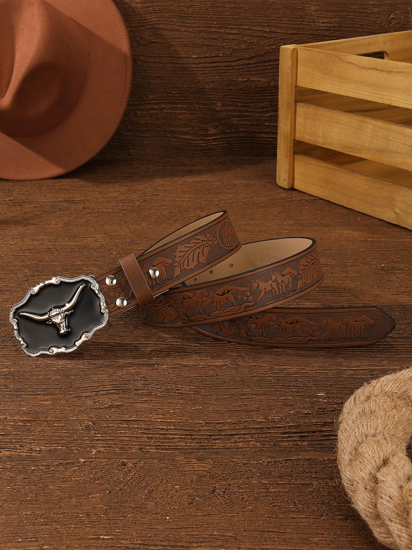 Boho Style Vintage Western Belt, Fashionable Ethnic Pattern Embossed Belt Buckle for Women & Men, Trendy All-match & Exquisite Belt for Birthday Gift