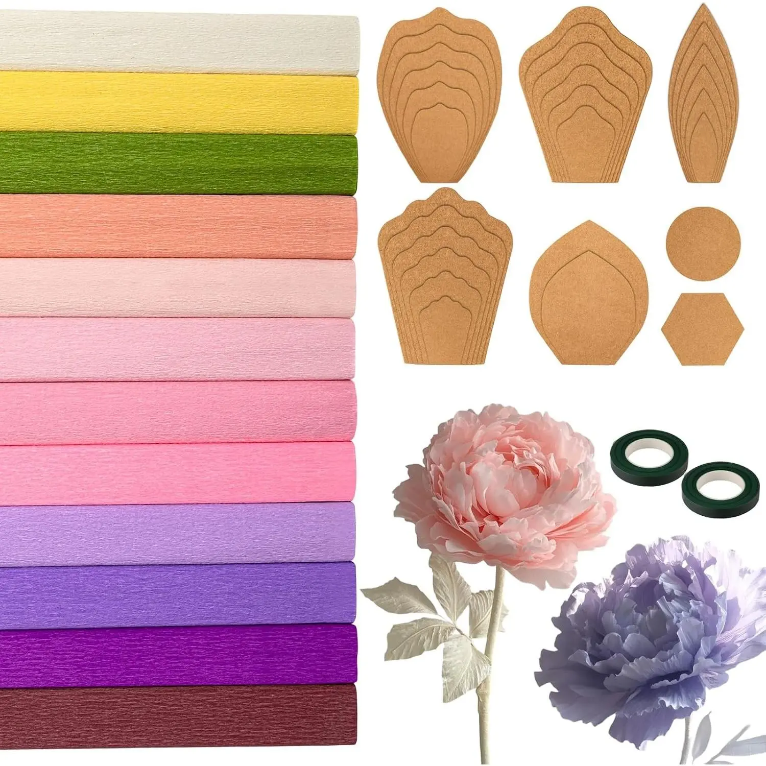 12 Colors Crepe Paper 17 x 98 Inch Crepe Paper Sheet with 5 Set Different Petal Template, 2 Roll Floral Tape, Iron Wire and Hot Melt Glue Stick DIY Craft Party (Peony Color Scheme)