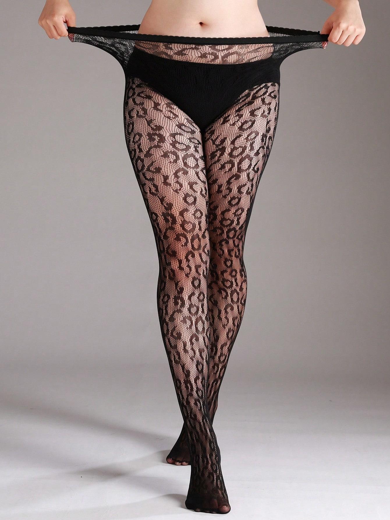 Plus Size High Stretch Leopard Print Fishnet Leggings, Sexy Hollow Net Stockings, Fashionable Halloween Costume, All Seasons