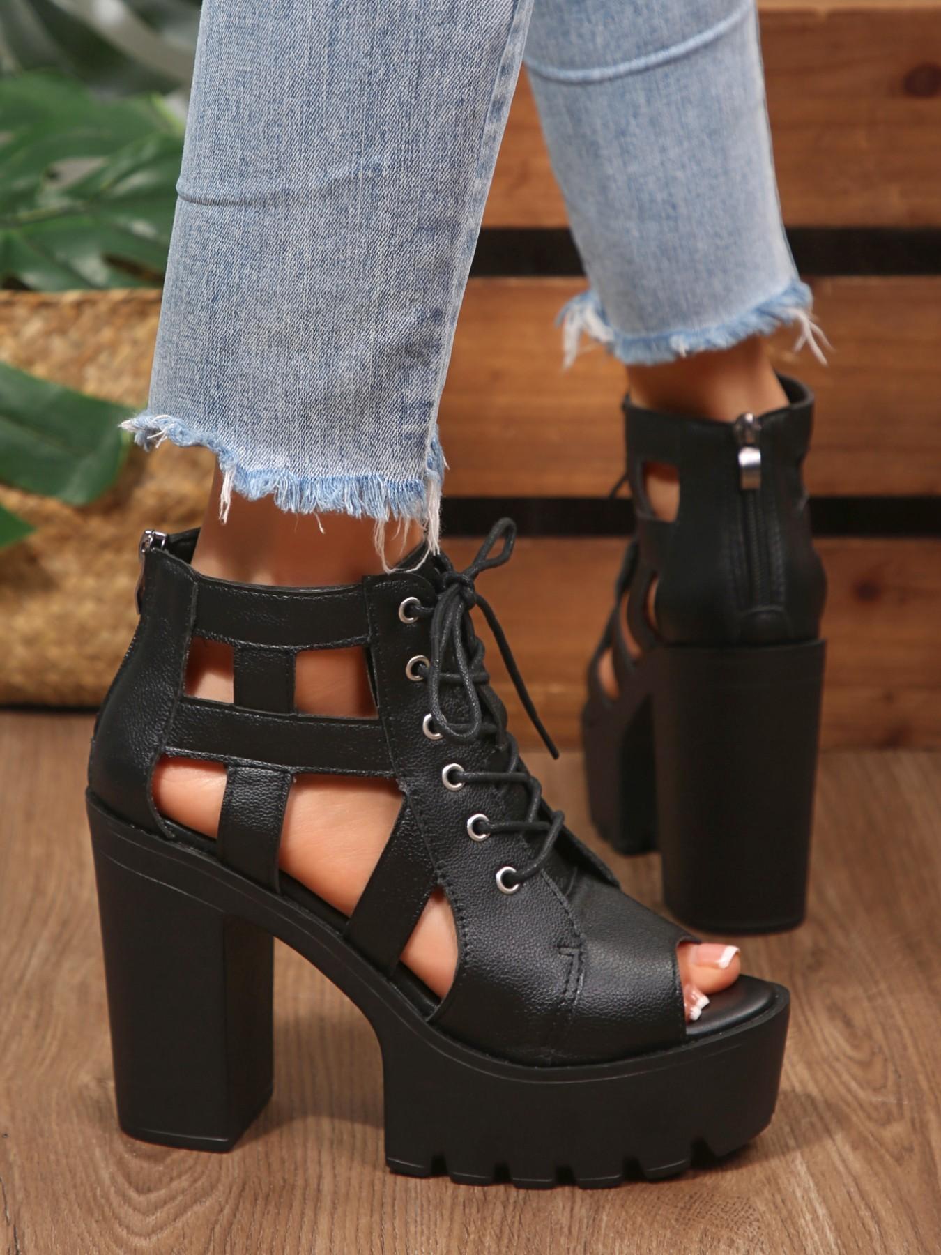 Hollow Out Fish Mouth High Top Sandals, Thick Sole Waterproof Roman Boots, Laces and Zipper Design, Slimming and Tall, Fashionable Women's Shoes