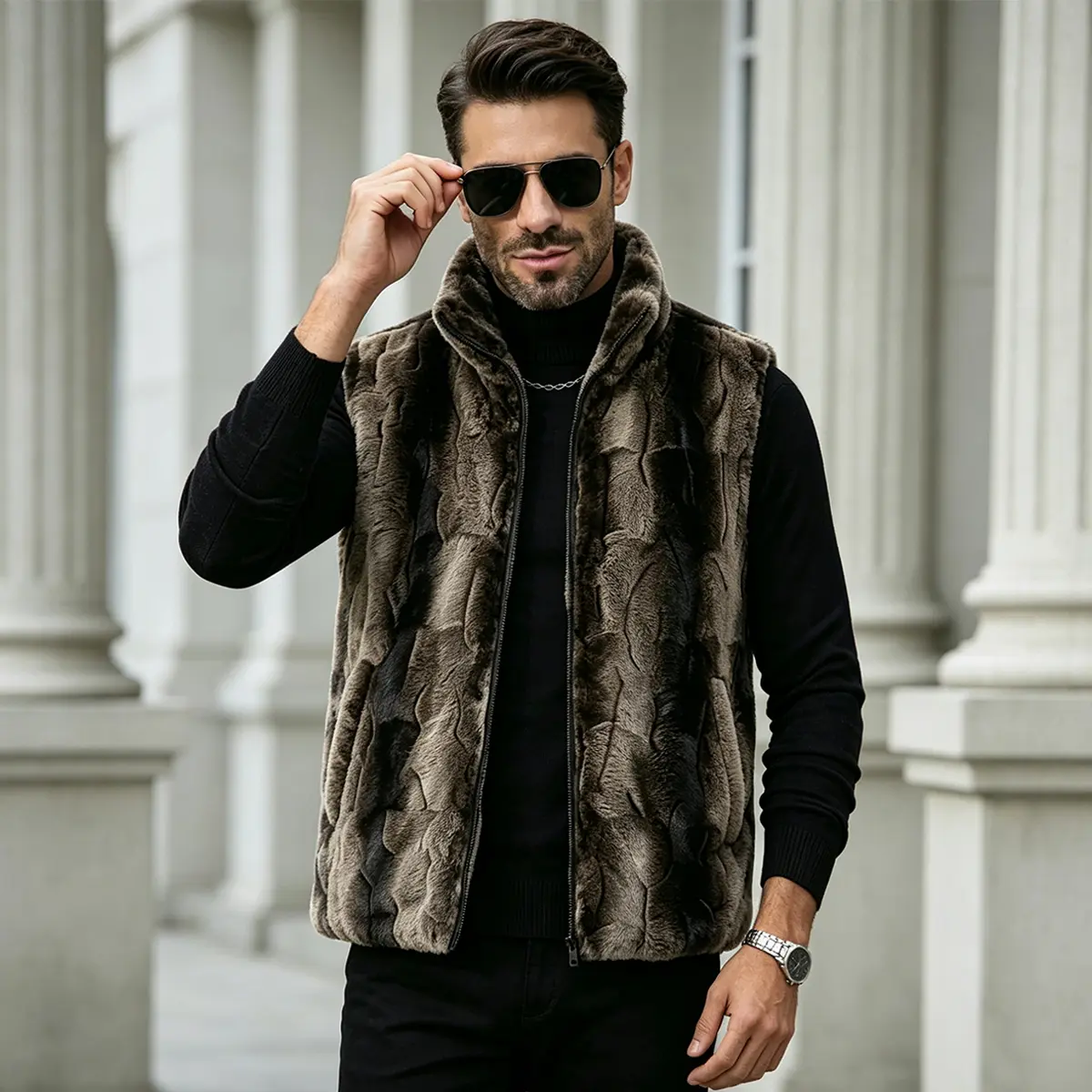 Fashion Plush Sleeveless Outer Gilet Men Stand Collar Full Zip‑Up Design Quilted Faux Fur Texture Side Hand Pockets Loose Silhouette Warm Cold‑Weather Vest