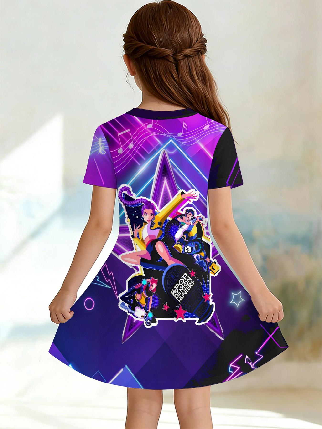 Girls' 3D Short Sleeve Dress, Neon Kda Full Print Summer Dress, Perfect for Parties, Festivals, Gifts, Birthday Presents