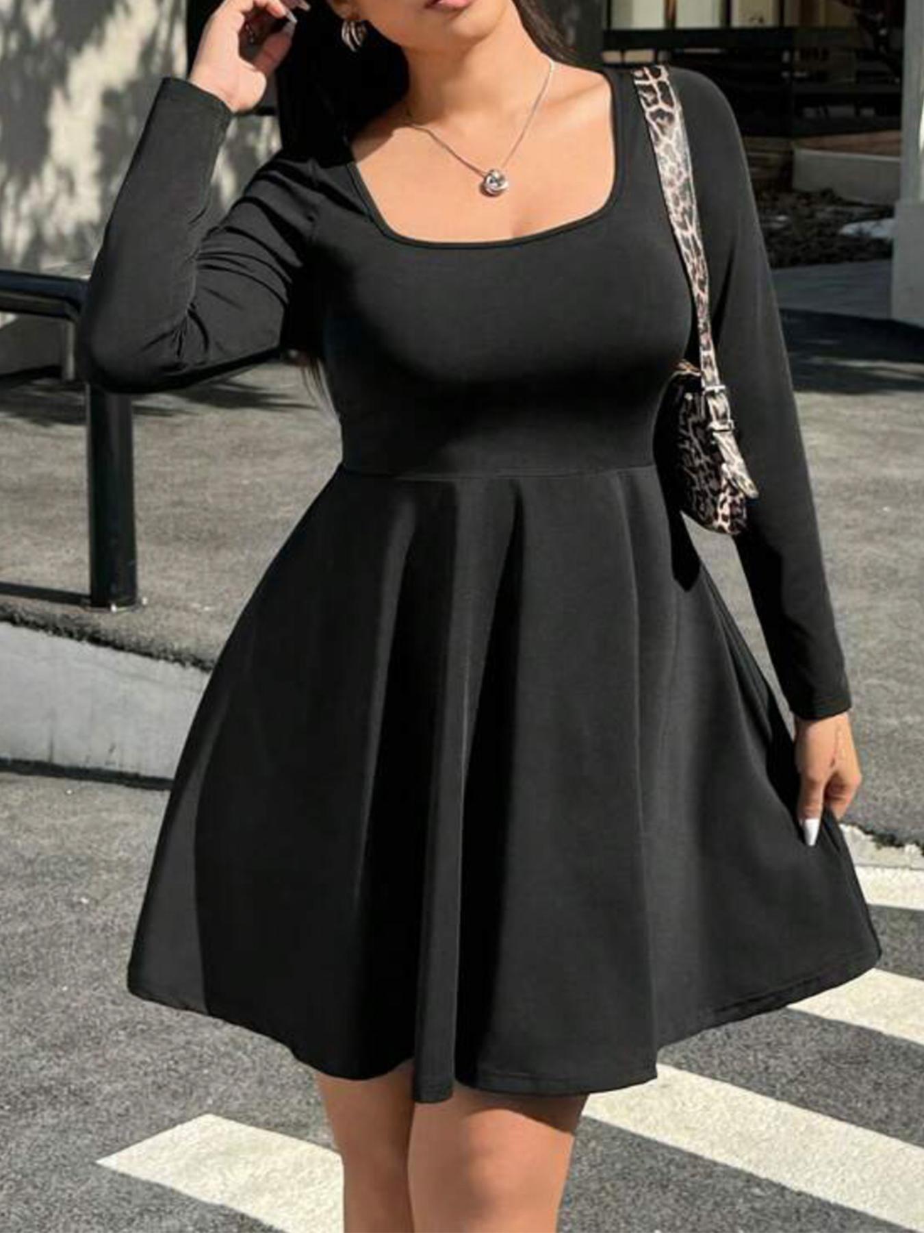 Plus Size 1 Piece Women's Black Square Neck Long Sleeve Fitted & Flare Mini Dress, TikTok Plus Size 1 Piece Women's Black Square Neck Long Sleeve Fitted & Flare Mini Dress, TikTok