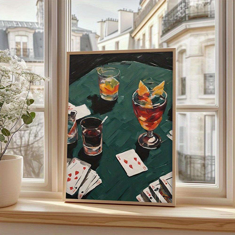 1pc Frameless Poker Wall Art Decor - Modern Classic Art Deco Canvas Print, Vibrant Whiskey & Cocktail Glasses with Playing Cards Design, Vertical Home Decor for Living Room, Bedroom, Office, Dorm - Spring Summer Aesthetic Gift