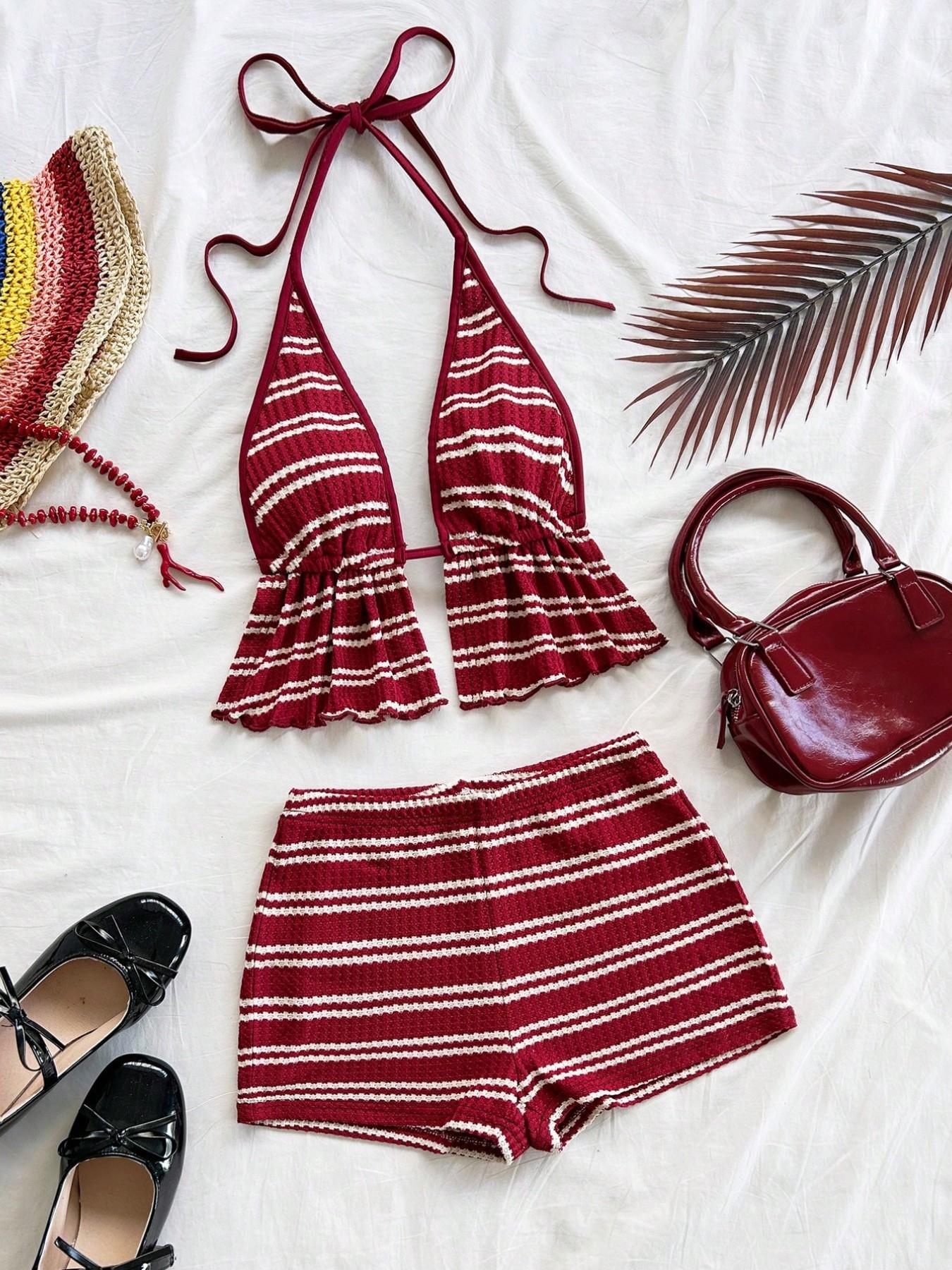 Vintage Red Striped Swimwear Set, Flounce Top & High Waist Bottoms For Summer Getaways & Casual Poolside Outings, Swimsuit Sets