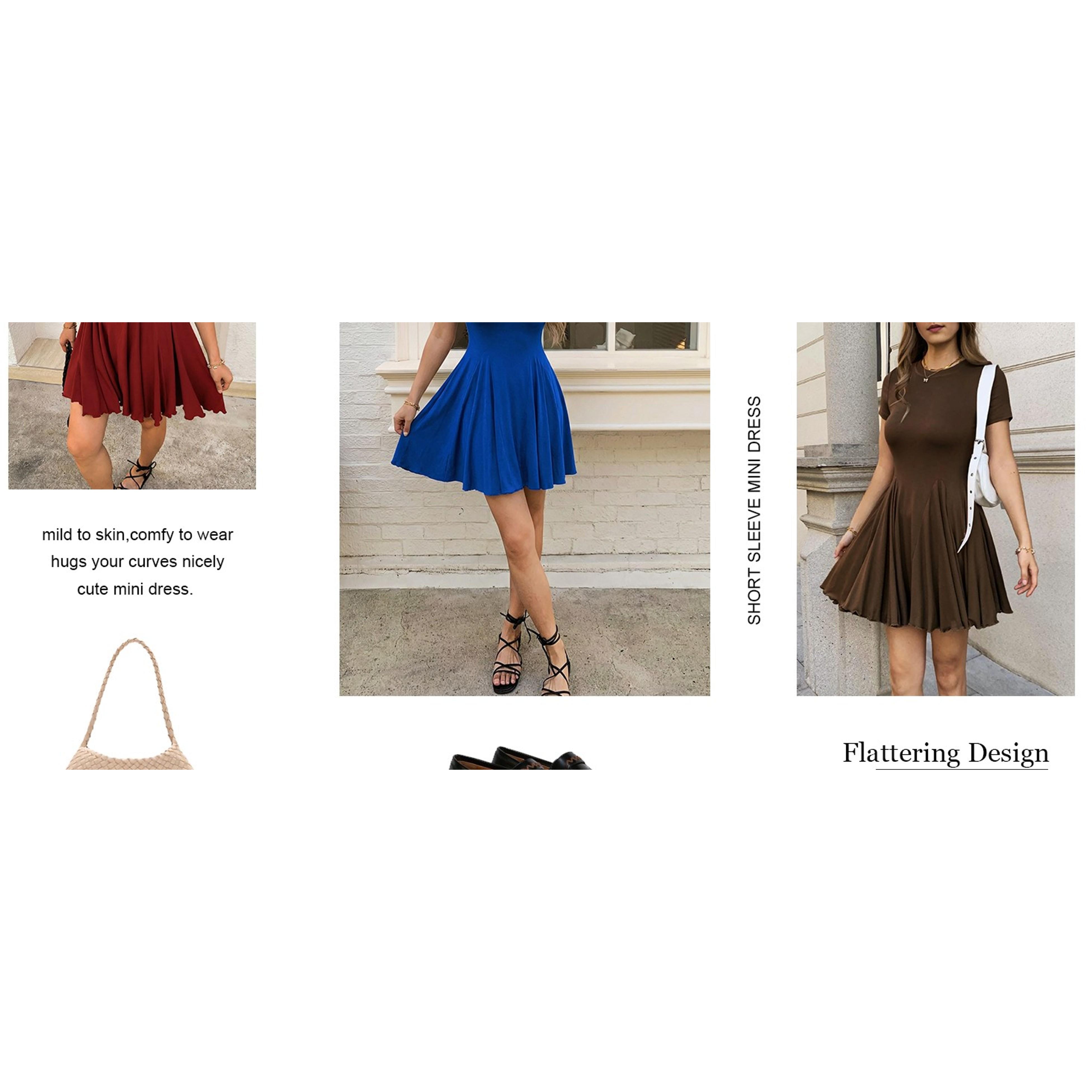 Womens Summer Fit and Flare Swing Flowy Mini Dress Casual A Line Crewneck Pleated T Shirt Skater Dress Beach Sundress