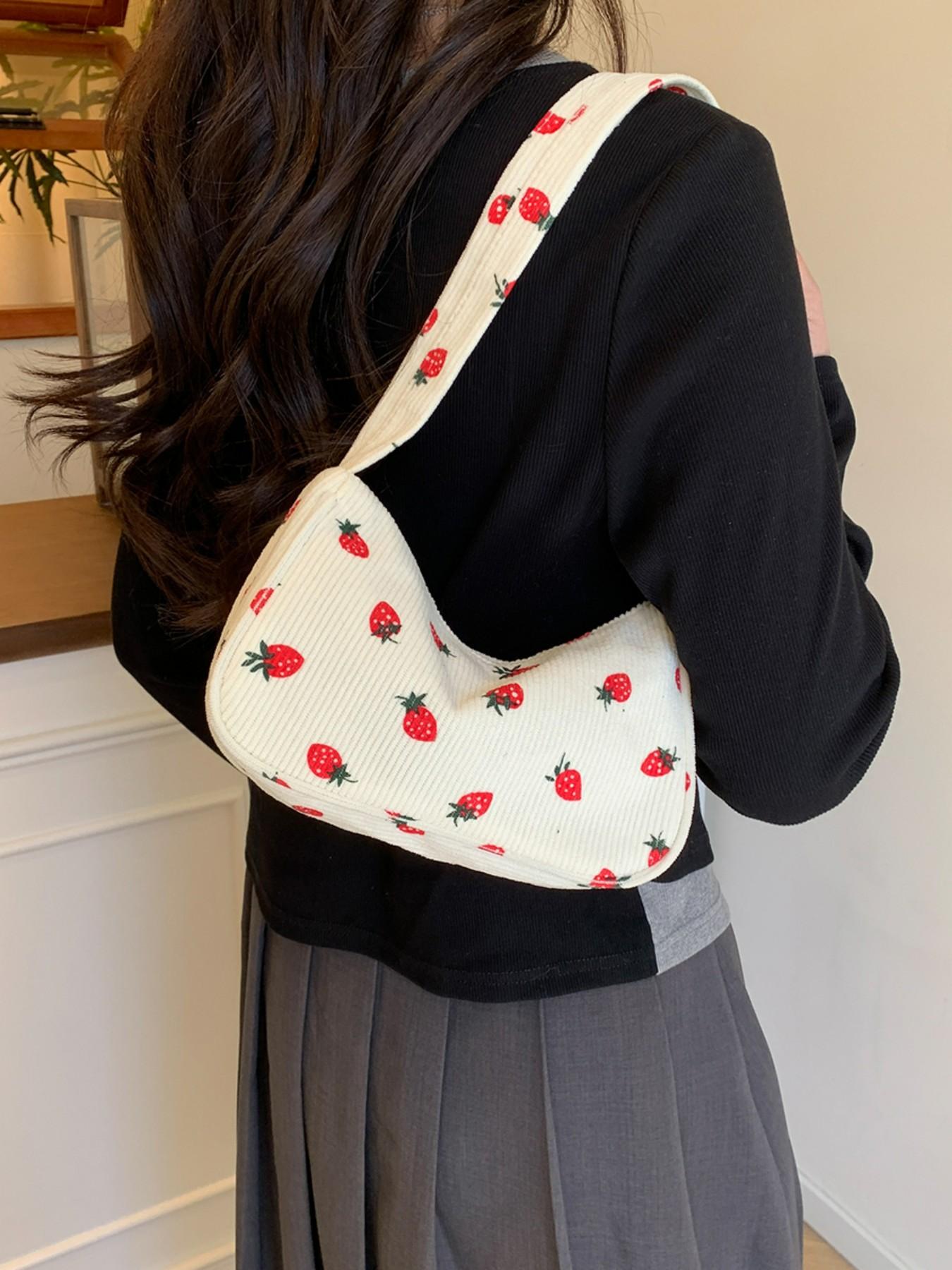 Fashionable Fruit Print Shoulder Bag, Large Capacity, Cute and Fresh Design, Versatile Plain Color Backpack, Perfect for Daily Use