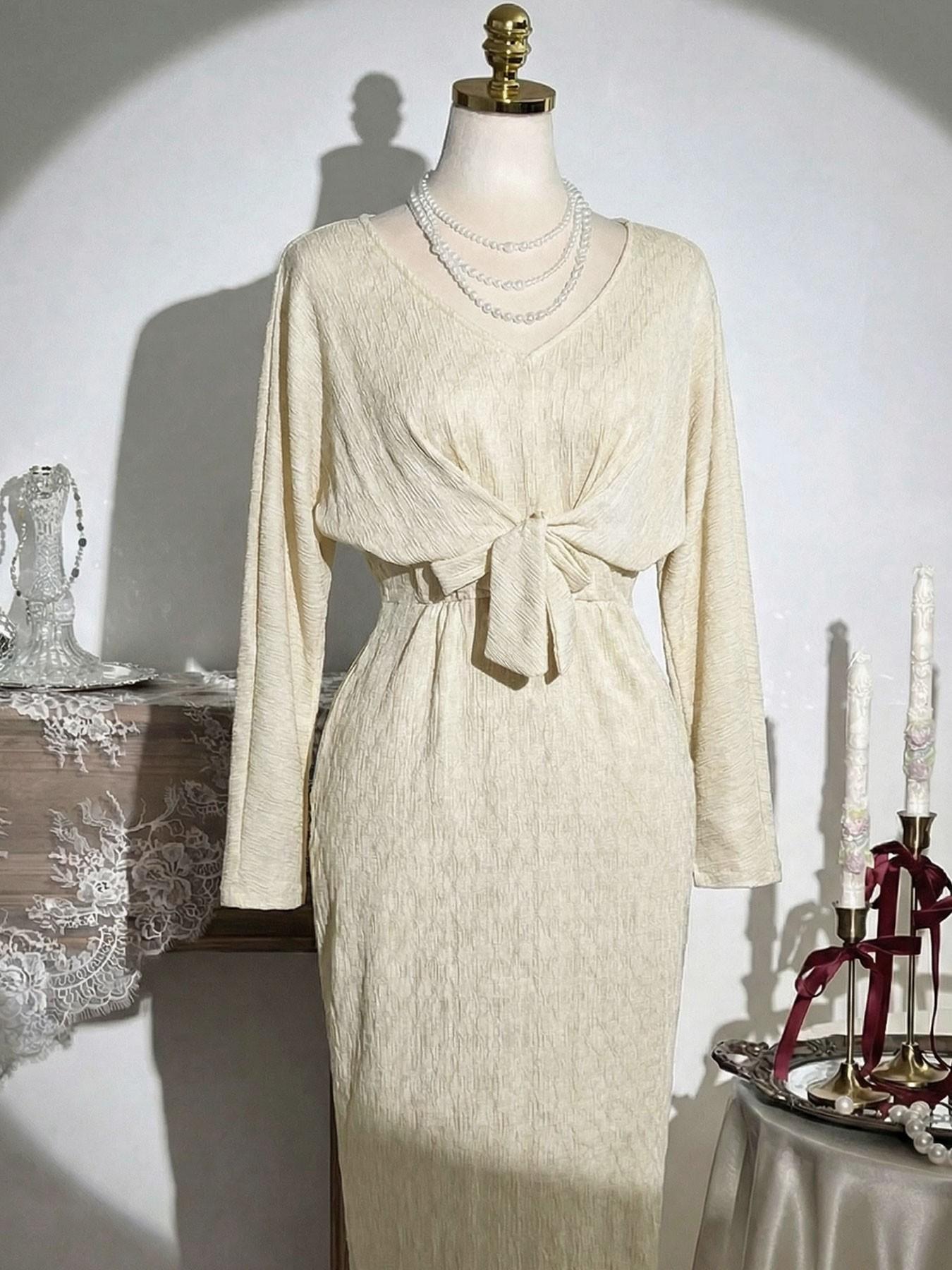 Plus Size Elegant Dress – V Neck Tie Waist Long Sleeve Gown, Party Evening Essential, Slim Fit, Spring & Fall Fashion