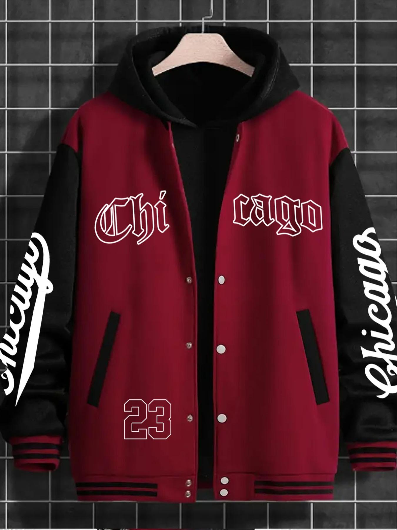 Men's Casual Letter Print Baseball Jacket, Chicago-23 Design, Fitted H-Type, Geometric Pattern, All Seasons Wear, Versatile Net Version