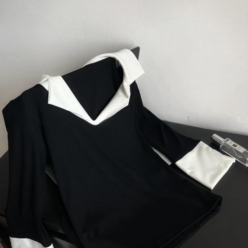 Korean Chic Design Fake Two Pieces Long Sleeves Shirt Women Spring 2025 New Elegant All Match Slim Fit Base Tops Office Clothes