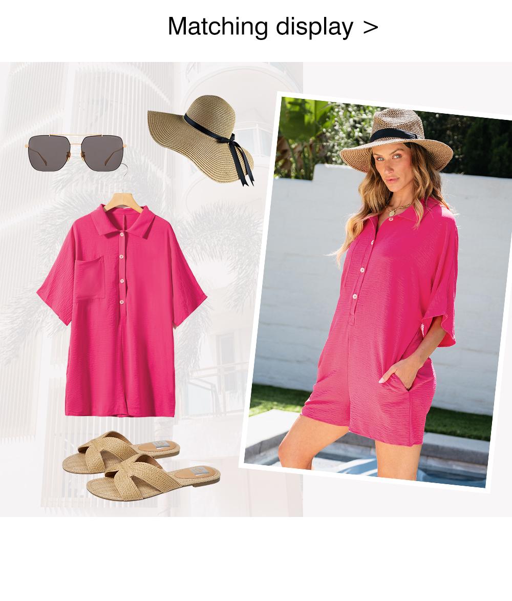 Asvivid Women's Oversized Summer Romper - Half Sleeve Button Collar Pocket Jumpsuit, Casual Chic Loose Fit Vacation Outfit