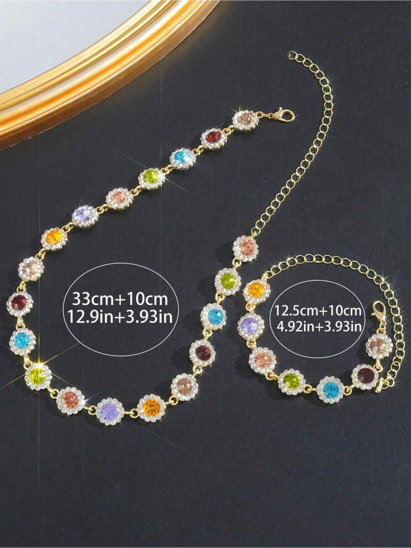 Rainbow Gemstone Jewelry Set, Necklace and Bracelet with Multicolor Gems and Crystal Accents, Perfect for Music Festivals and Parties