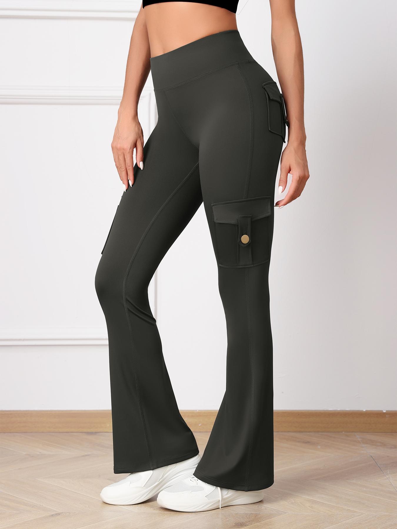 Women's High-Waisted Sporty Yoga Flare Pants, Tight-Fitting All-Season Activewear, Moisture-Wicking Breathable Fabric, Side Pockets & Button Design, Black Pants, Activewear Bottoms