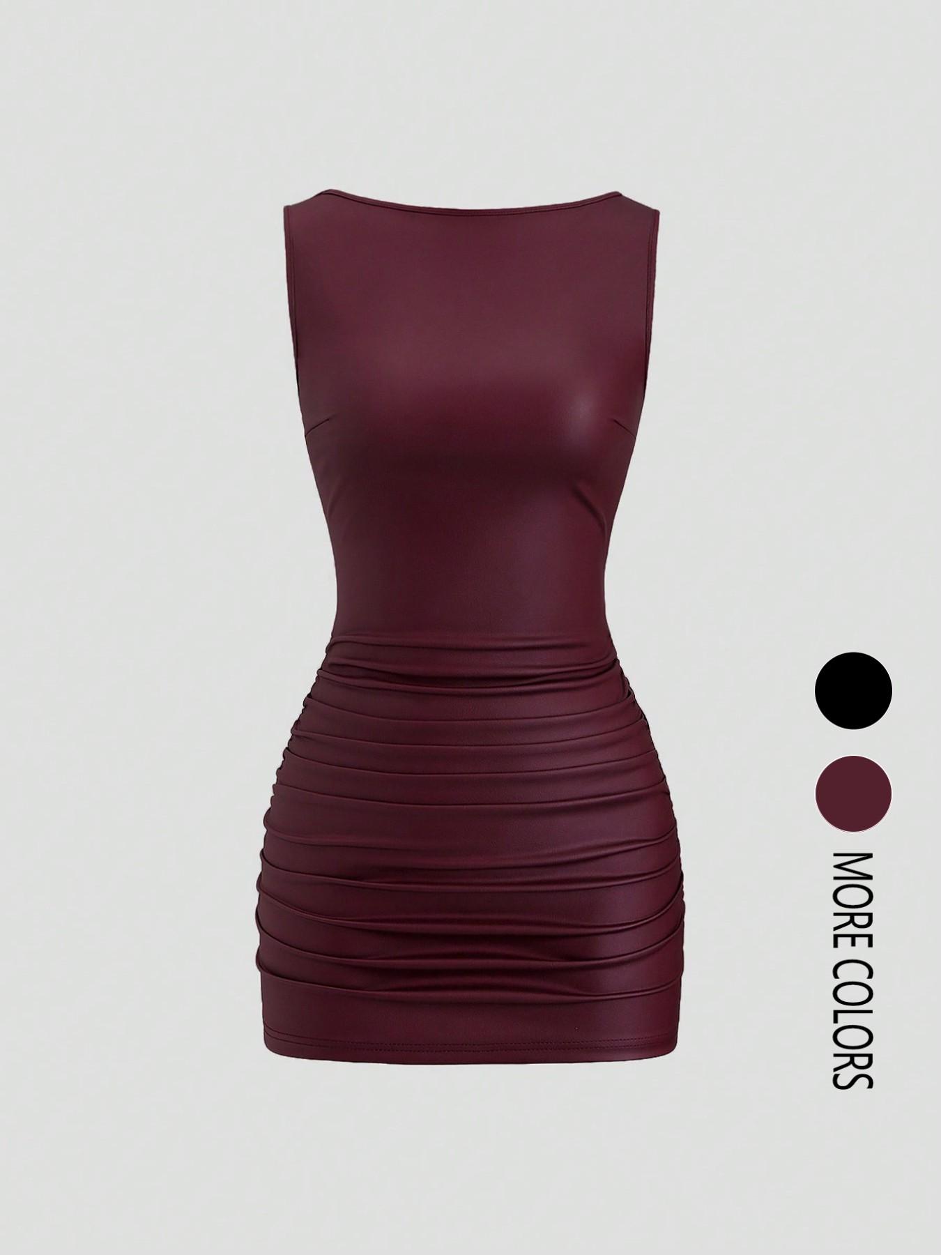 Women's solid color slim-fit sleeveless pleated faux leather dress, pleated design, fits the body shape, elastic waist, sexy midi dress.