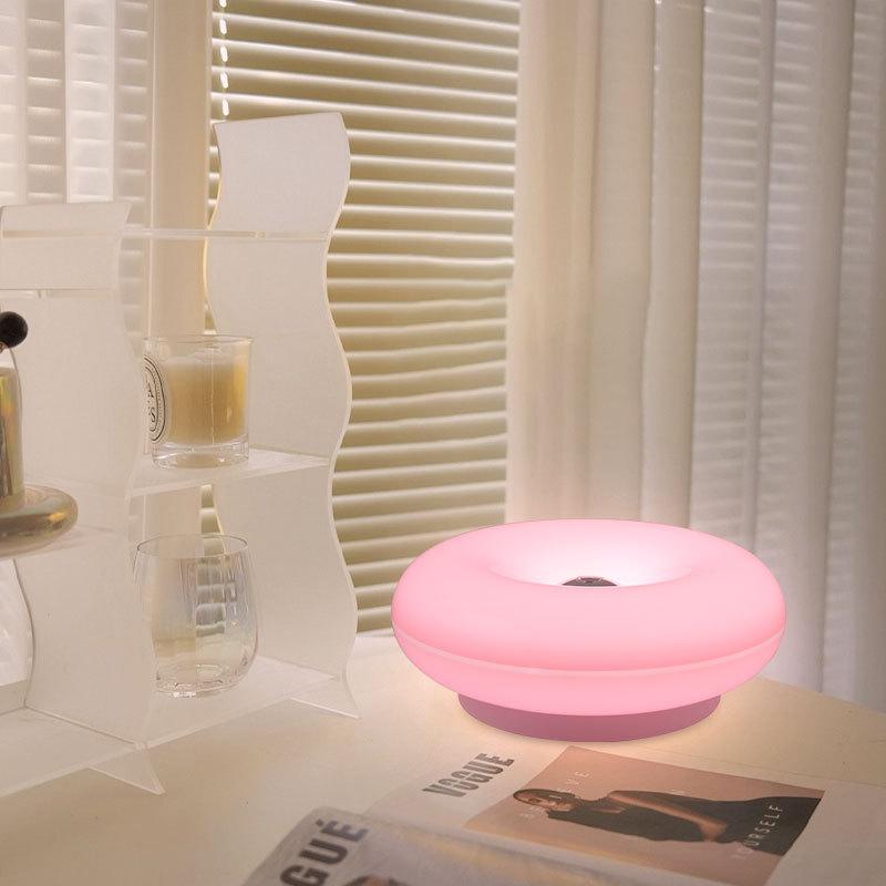 Modern Minimalist Donut Table Lamp, Rechargeable Three-Tone Dimmable RGB Wall Light, Bedroom Bedside Desk Hallway Ambiance Nightlight