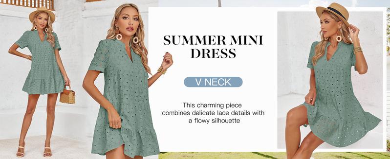 Wenrine Women’s Summer Lace Dresses Eyelet Casual Flowy Babydoll Swing Short Sleeve V Neck Tunic Dress