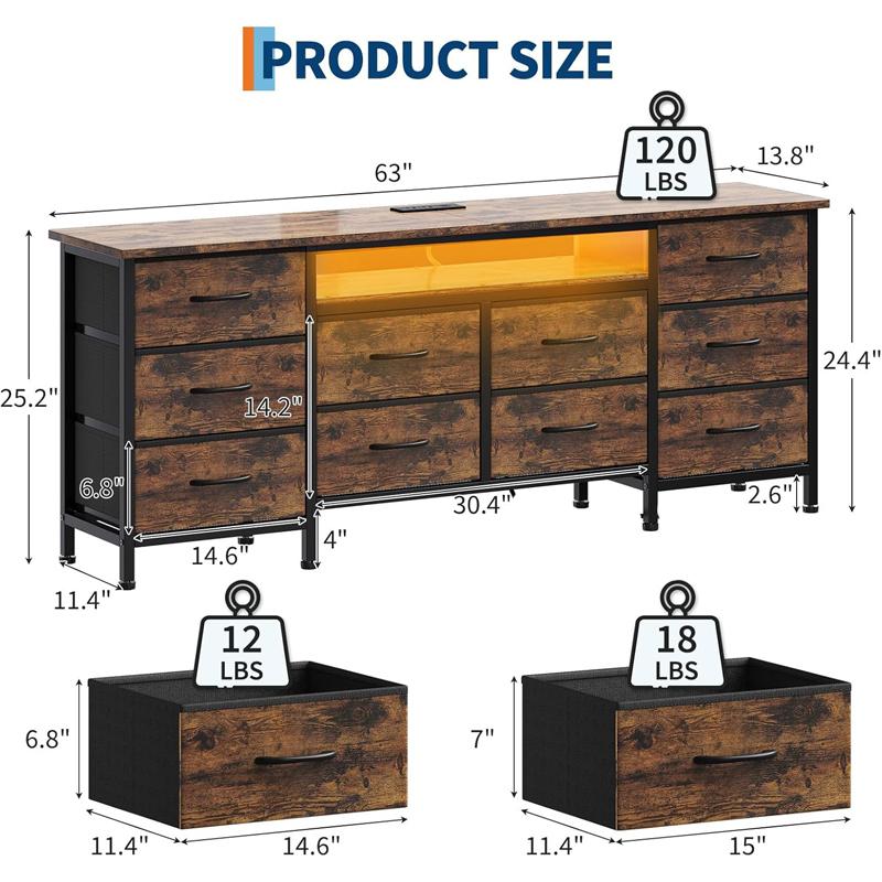 TV Stand for 65, 70, 75 Inch TV, 10 Drawer Long Dresser , 63 Inch Entertainment Center TV Stand Dresser Storage Drawers