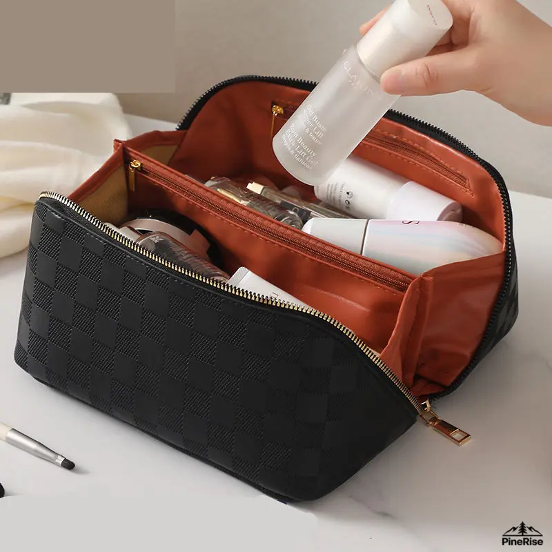 Black checkered makeup bag [fixed partition model]