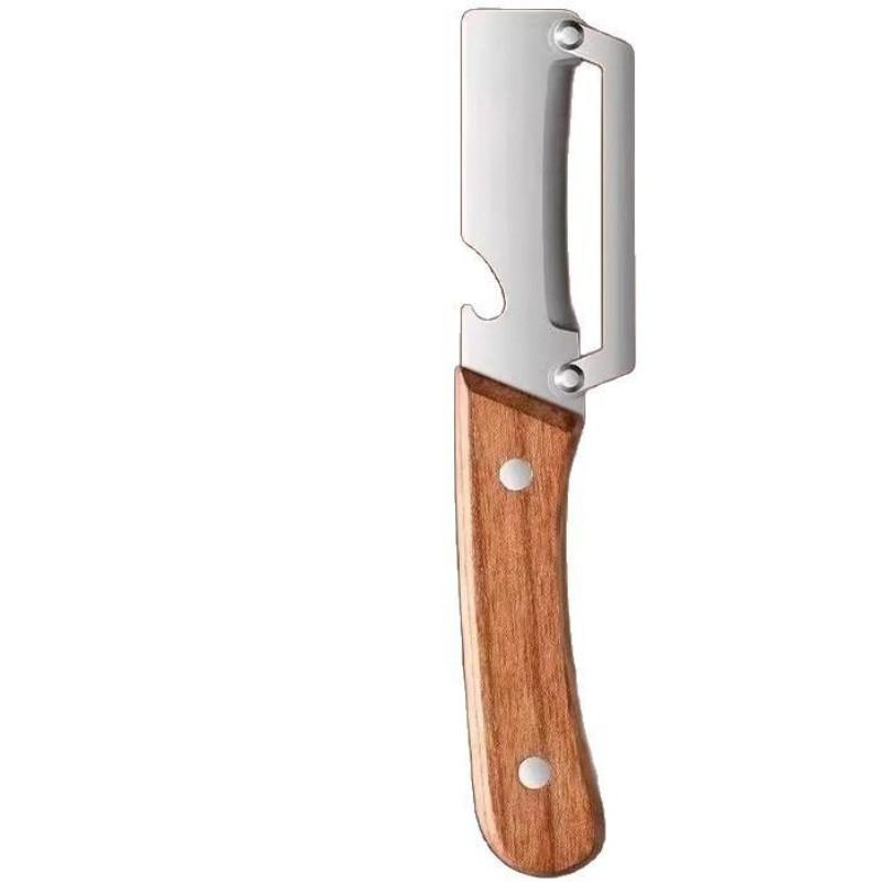 Kitchen Multi-Functional Wooden Handle Stainless Steel Thick Fruit Peeler Knife, Ideal for Sugarcane and Pineapple Peel Tool
