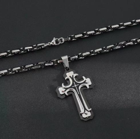 FLORIDECO Unisex Vintage Handmade Multi-layered Necklace Stainless Steel  Cross Pendant Jewelry for Youth Cuban Link Design Elegant