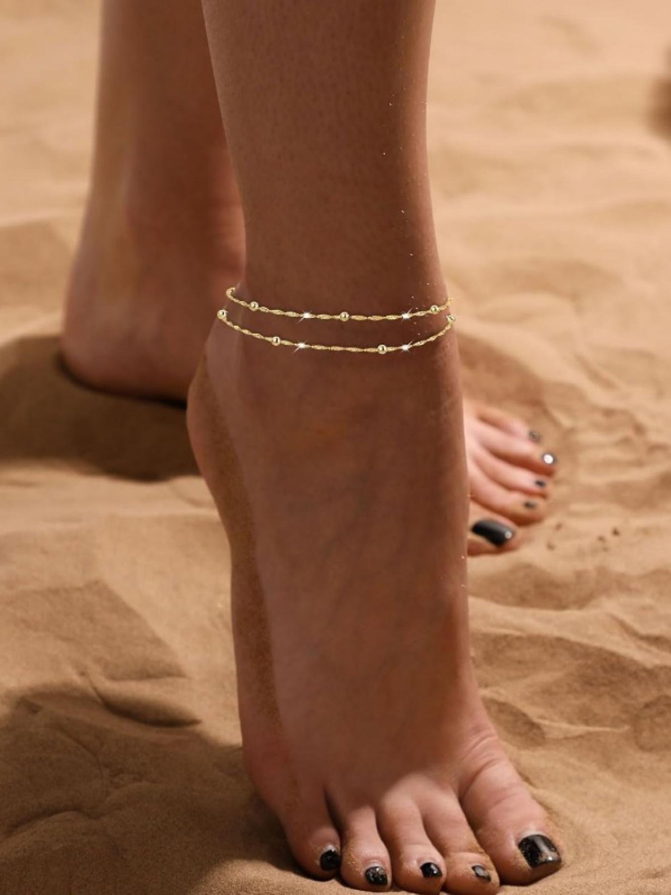 Bohemian-Style Women'S Ankle Bracelet with a Double-Layer Chain And Beads, Waterproof Alloy Elegant Anklet Bracelet for Women - Matte Finish, Daily & Gift Occasion, All Seasons Compatible, Beach-Friendly Jewelry