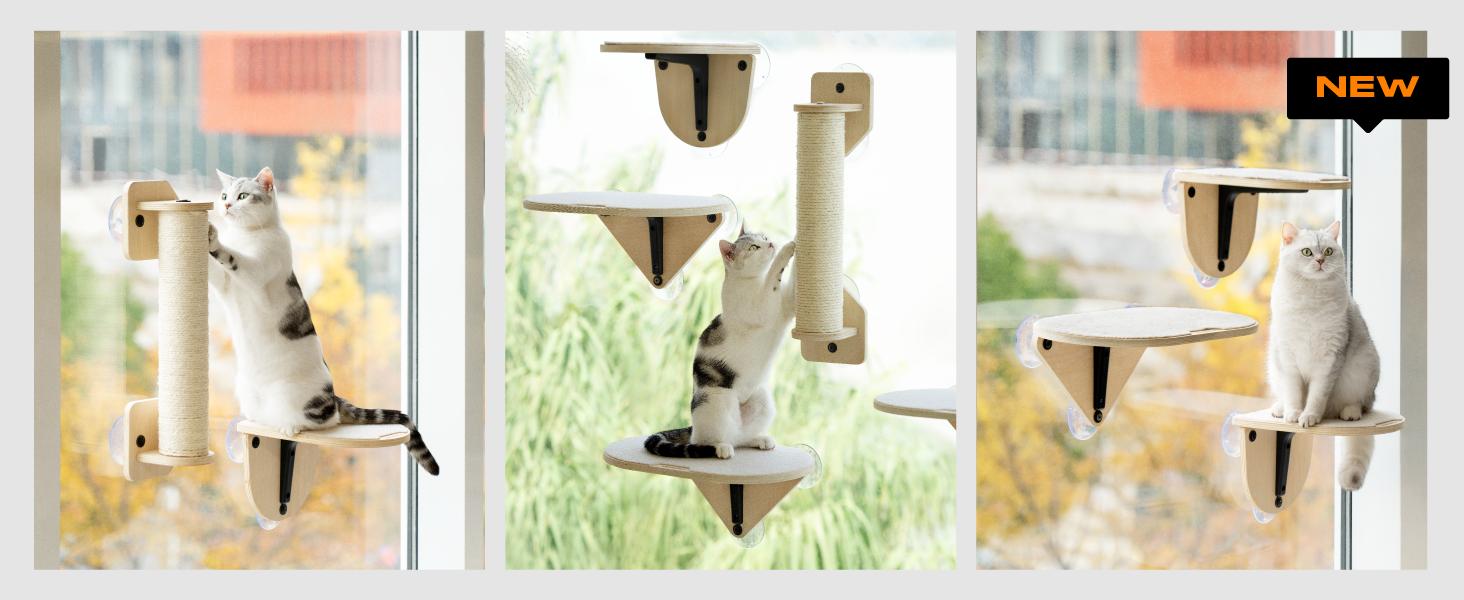 MEWOOFUN Sturdy Cat Window Perch Hammock with Climbing Steps and Scratching Post Wooden Window Mounted Cat Bed for Indoor Cats (3 Pcs Cat Climber Set), Space Saving Window Cat Wall, Vertical Cat Space Durable Cat Seat for Window Sill