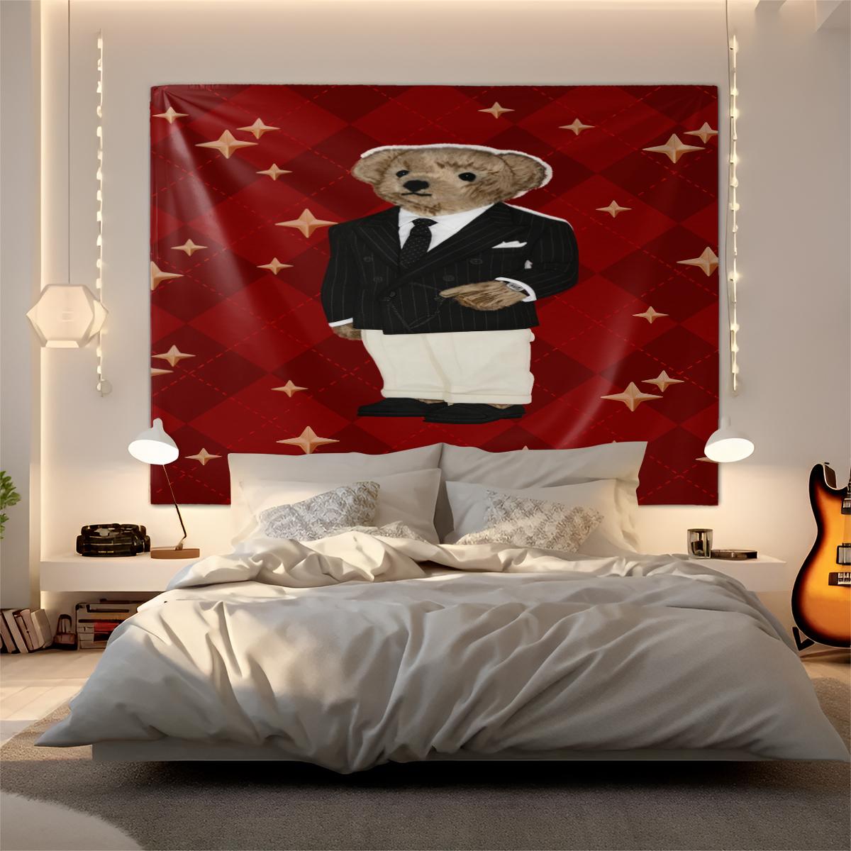 Vintage American Polo Bear Tapestry, Red Gentleman Bear Multi-Style, Wrinkle-Resistant, Wall Hanging Decor for Living Room Bedroom Backdrop