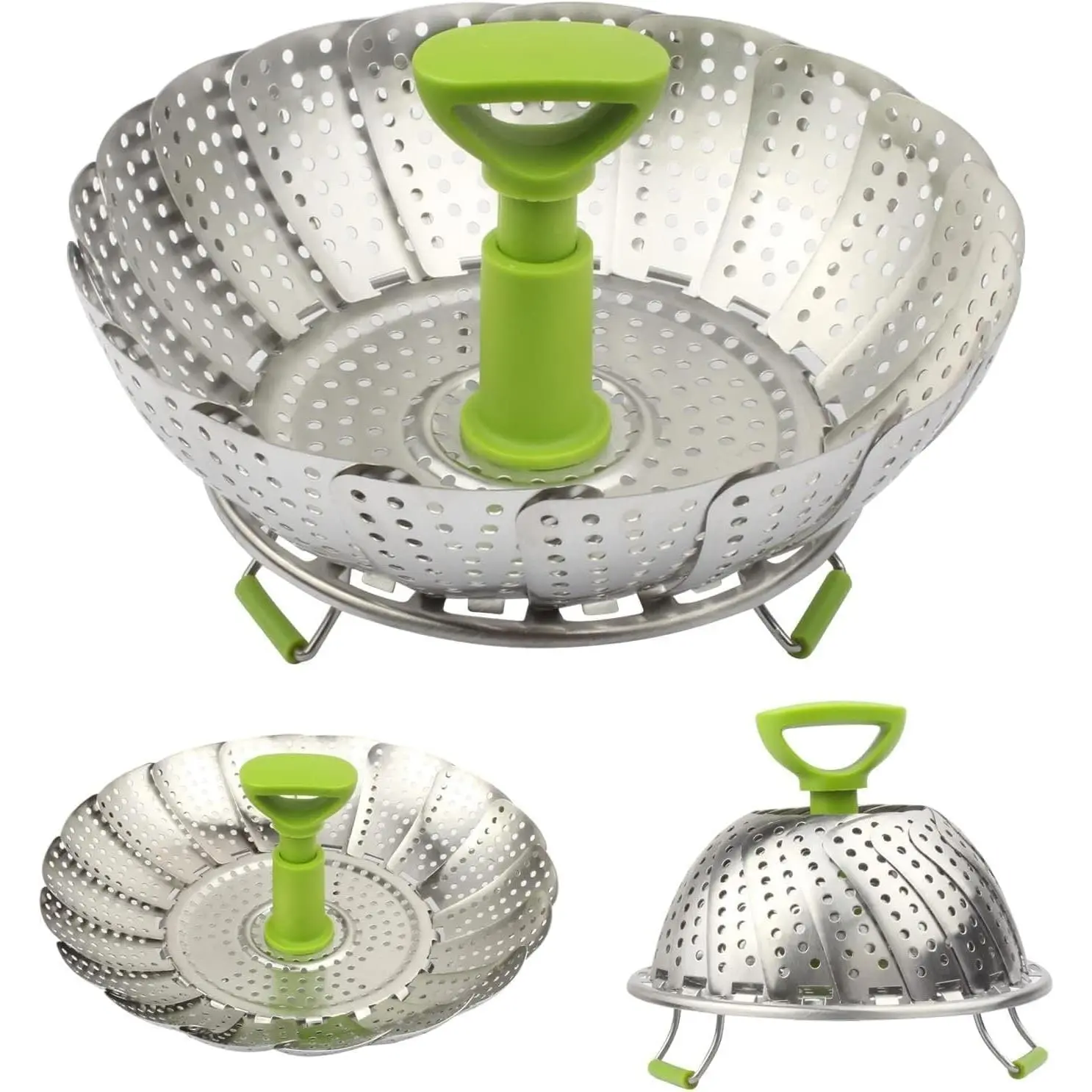 Folding Stainless Steel Steamer Basket (5.5-9 Inches) with Heat Resistant Handle - Ideal for Cooking Seafood, Vegetables, Fruits - Expandable and Easy to Clean - Dishwasher Safe (9 Inch)