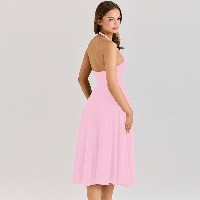 Women‘s Mesh Solid Ruched Sleeveless Halter Slip Dress, Plain Slim Fit V-neck Backless Elegant Pleated Midi Dress, Party Club Date Holiday Daily Casual Dresses For Ladies All Seasons Summer Fashion Clothes