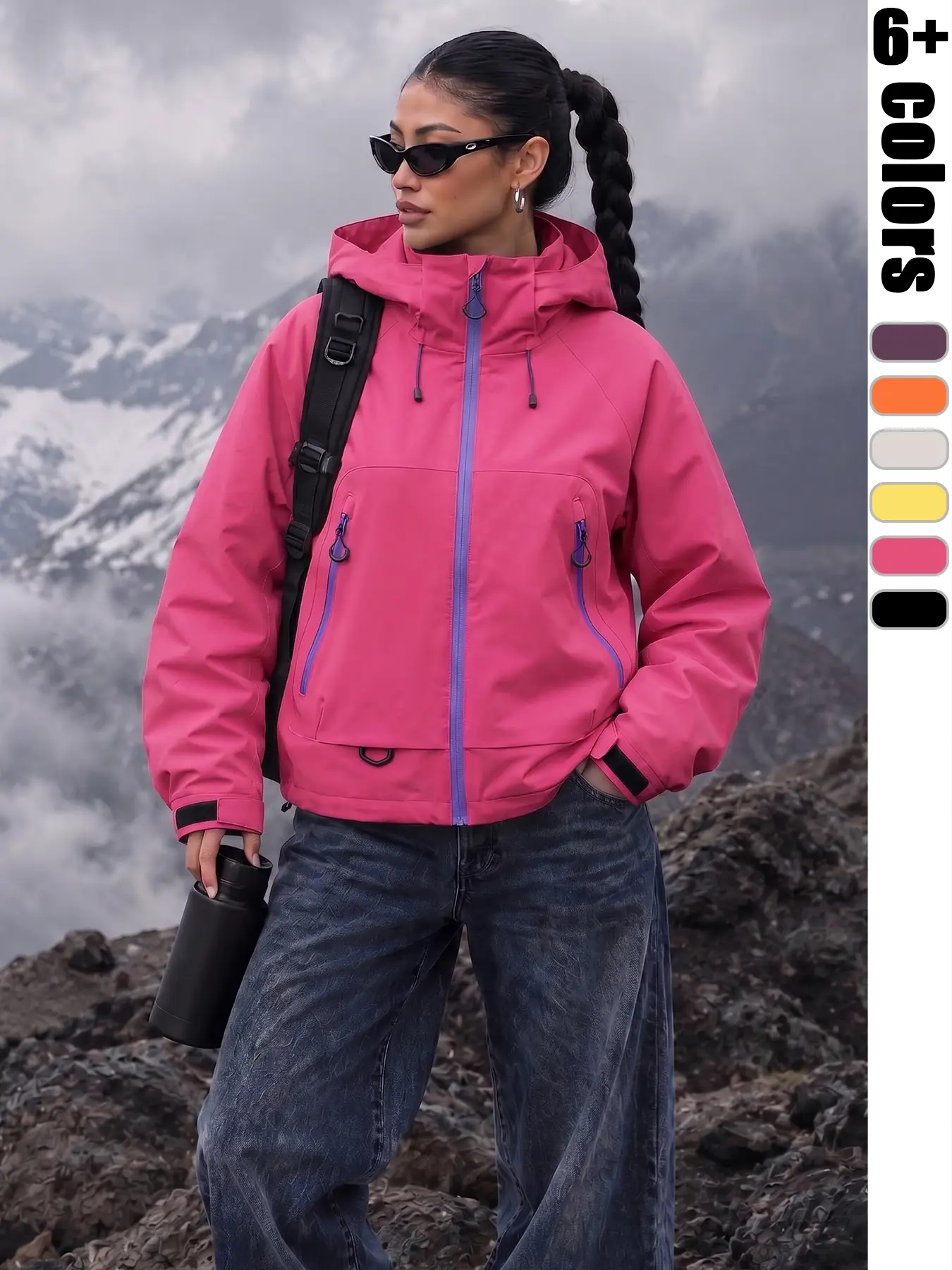 Women's Lightweight Zipper Hooded Jacket, Long Sleeve, Loose-Fit, Windproof Waterproof, Ideal for Hiking Camping Running Outdoor Activities