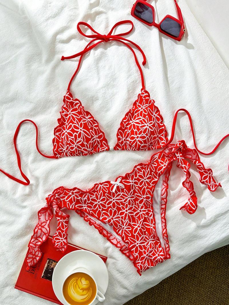 Women's Sexy Halter Bikini Sets Jacquard Bikini Swimsuits Tie Side Triangle Bathing Suits Two Piece Bathing Suits, Halter Bikinis Set, Triangle Bikini Top