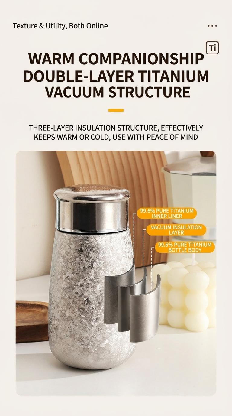 Pure Titanium Pocket Cup, High Aesthetic Mini Insulated Cup, Ice Crystal Titanium Water Bottle, Women's Flower Tea Cup, Portable and Stylish