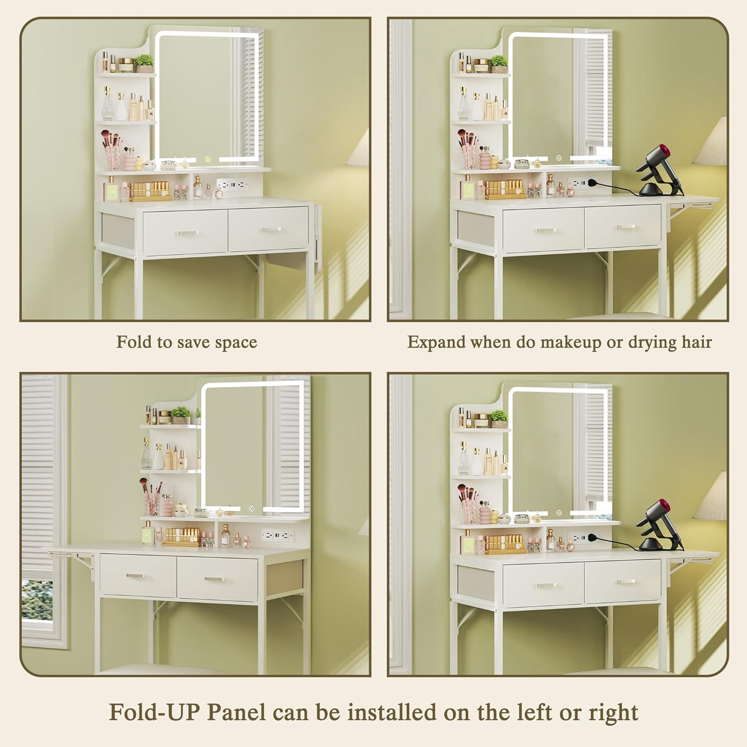 Makeup Vanity Desk with Mirror and Lights, Small Makeup Vanity with Fabric Storage Drawer & Chair & Shelves, White Vanity with Fold-up Panel and Power Outlet for Bedroom Makeup Vanity Desk with Mirror and Lights, Small Makeup Vanity with Fabric Storage Drawer & Chair & Shelves, White Vanity with Fold-up Panel and Power Outlet for Bedroom