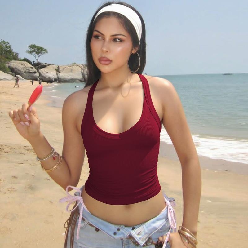 Women's Solid Ribbed Halter Neck Tank Top, Active Top, Casual Sleeveless Top for Daily Wear, Ladies Clothes for All Seasons