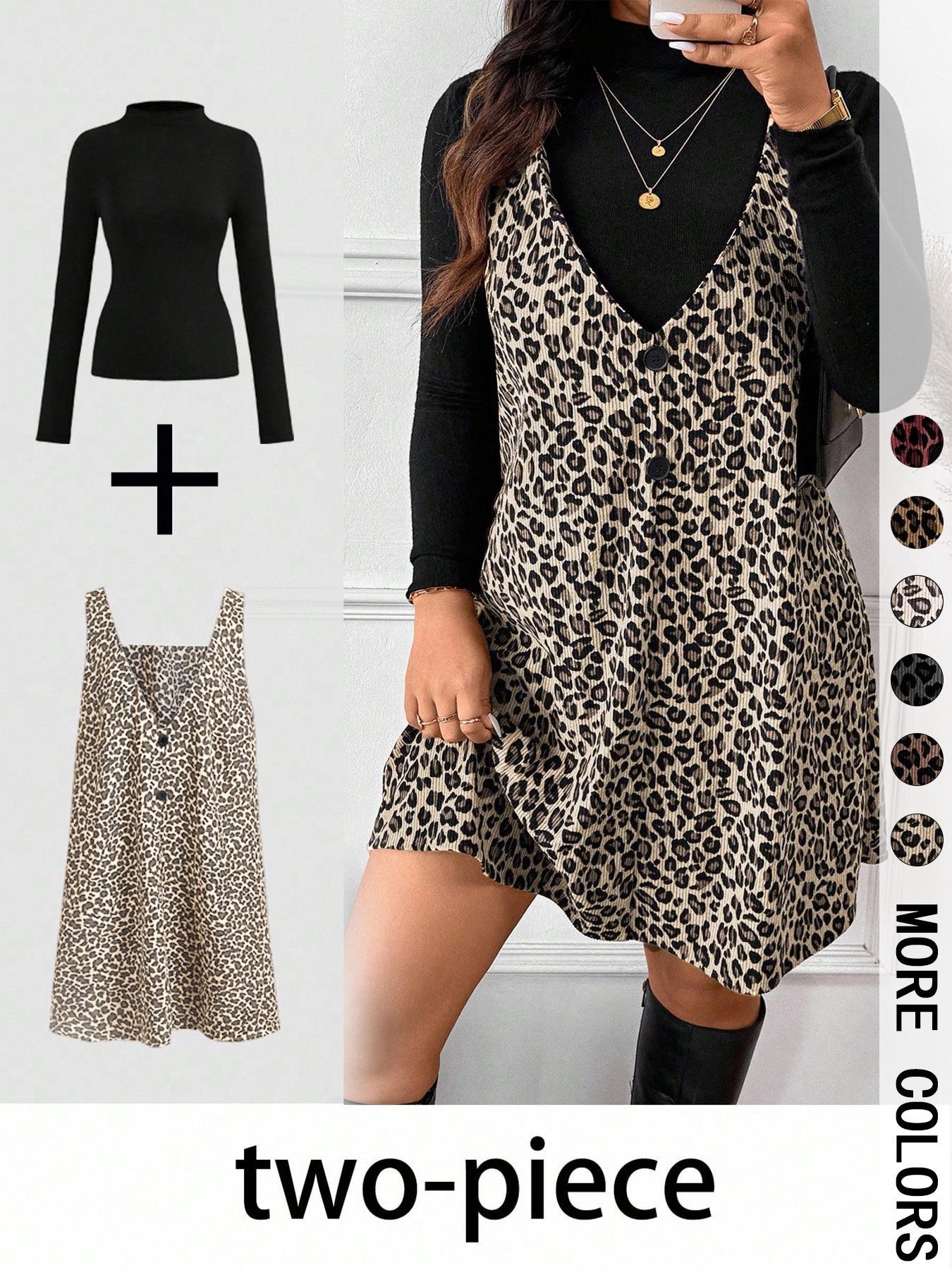 Women's High Neck Inner Layer + Leopard Print Strap Skirt Set, Casual Daily Spring Autumn Commuter, Two-Piece Ensemble Outfit