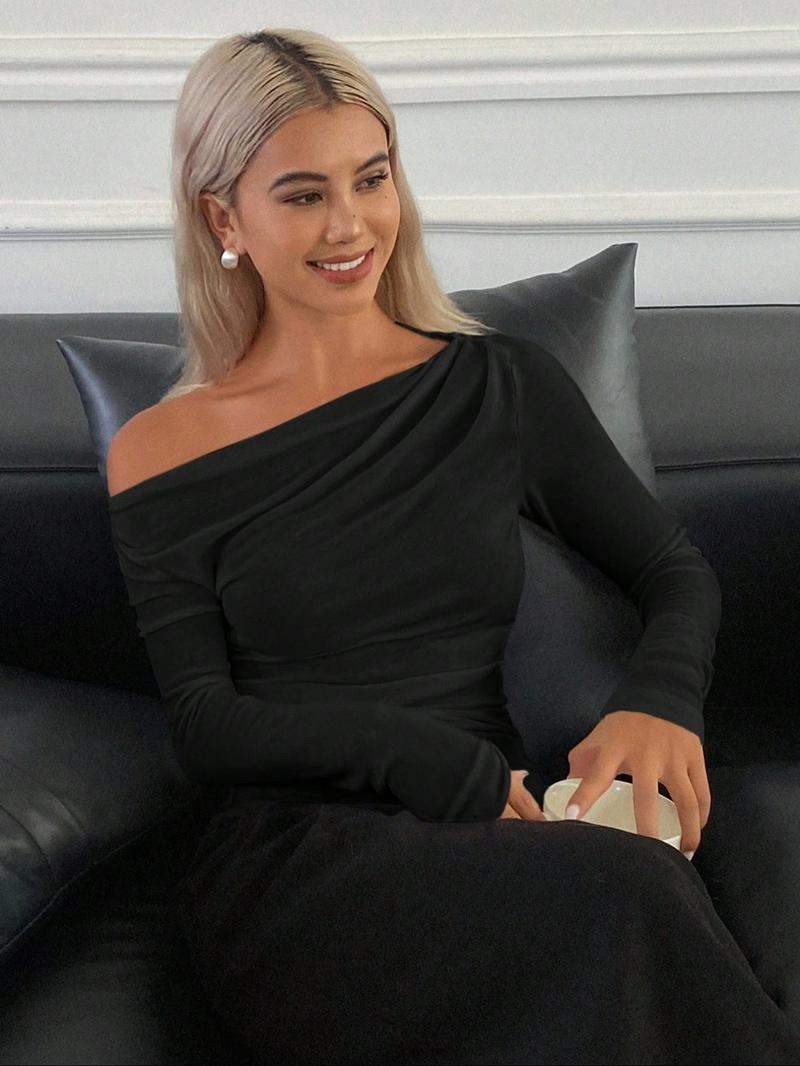 Women's off Shoulder Long Sleeve Top, Loose Fit Asymmetrical Neck Shirt, Casual Elegant Spring & Fall Fashion