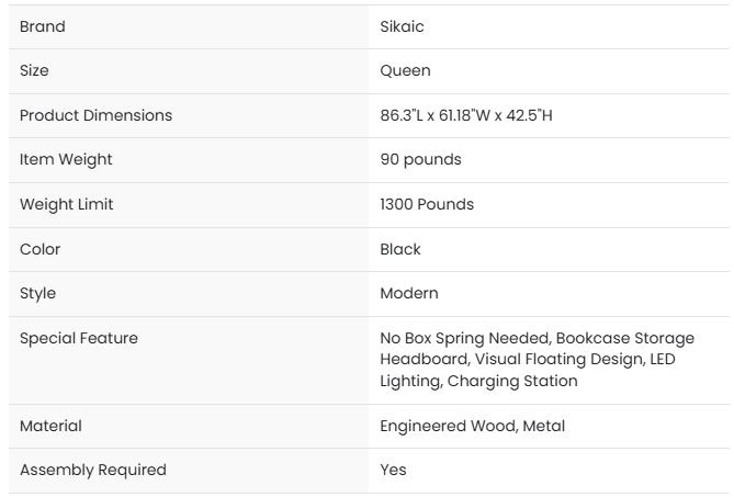 Sikaic Queen Floating Bed Frame with LED Lights and Headboard Storage Black Modern Metal Platform Visual Floating Bed with Charing Station