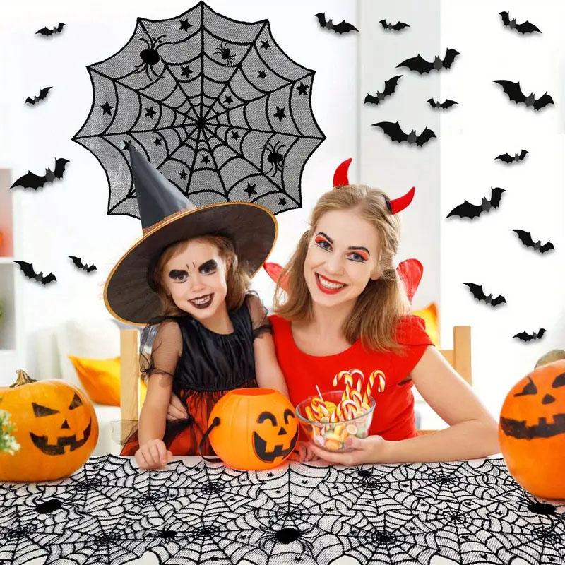 Spooky Bat & Spider Web Design Lace Curtain, 1 Count Gothic Style Short Curtain, Home Decoration Curtain, Window Screening for Home Living Room Bedroom, Halloween