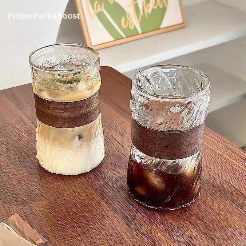Aesthetic Glacier Textured Borosilicate Glass Tumbler with Wooden Sleeve, Thickened Heat Insulated Coffee Cup, Food Grade BPA Free, Easy Clean, Dishwasher Safe for Iced Coffee Whiskey,Home Office Bar Daily Use, Housewarming Birthday Gift for Coffee Lovers