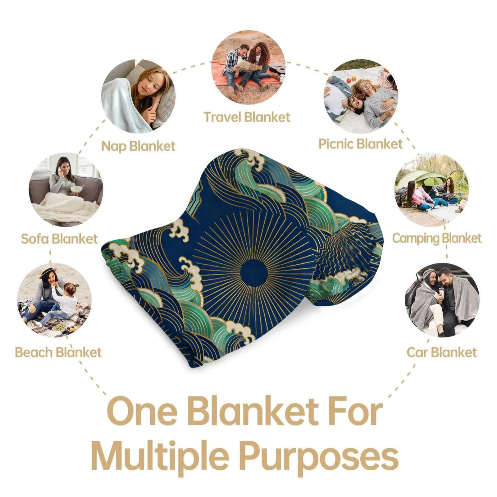 1 Piece Japanese Wave Sun Blanket, Navy Blue Gold Foil Great Wave HD Digital Single-Sided Print Flannel Throw Blanket, Super Soft Plush Warm Blanket for Couch Bed Travel, Multipurpose Cozy Gift Blanket