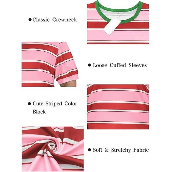 Women's Casual Striped Color Block T-Shirt - Round Neck Loose Fit Rainbow Patchwork Top Spring New Fashion Summer Pink