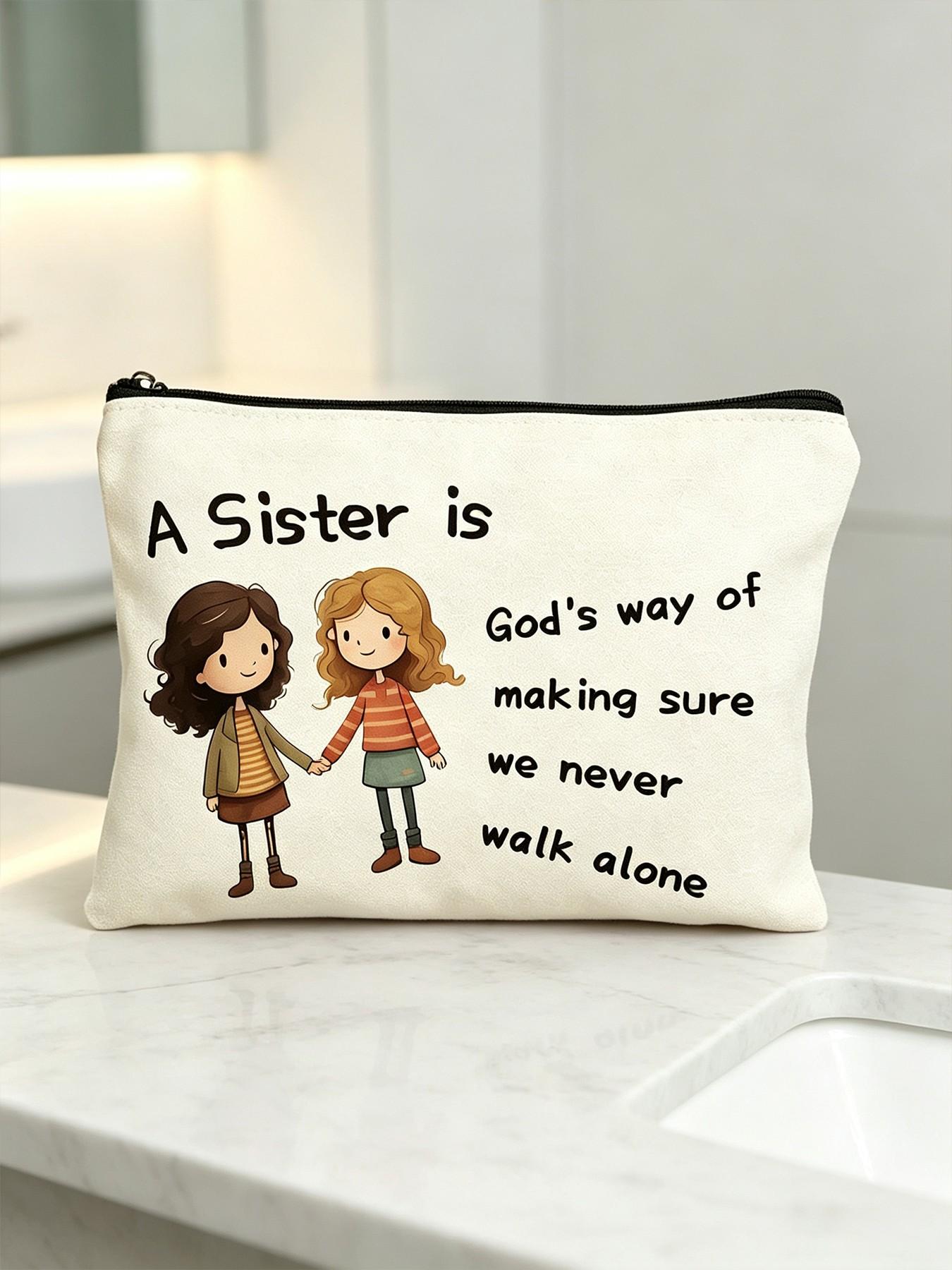 Warm Friend Theme Canvas Makeup Bag, Cartoon Sister Illustration, Zipper, Durable Fabric, Ideal for Daily Use and Travel Gifts