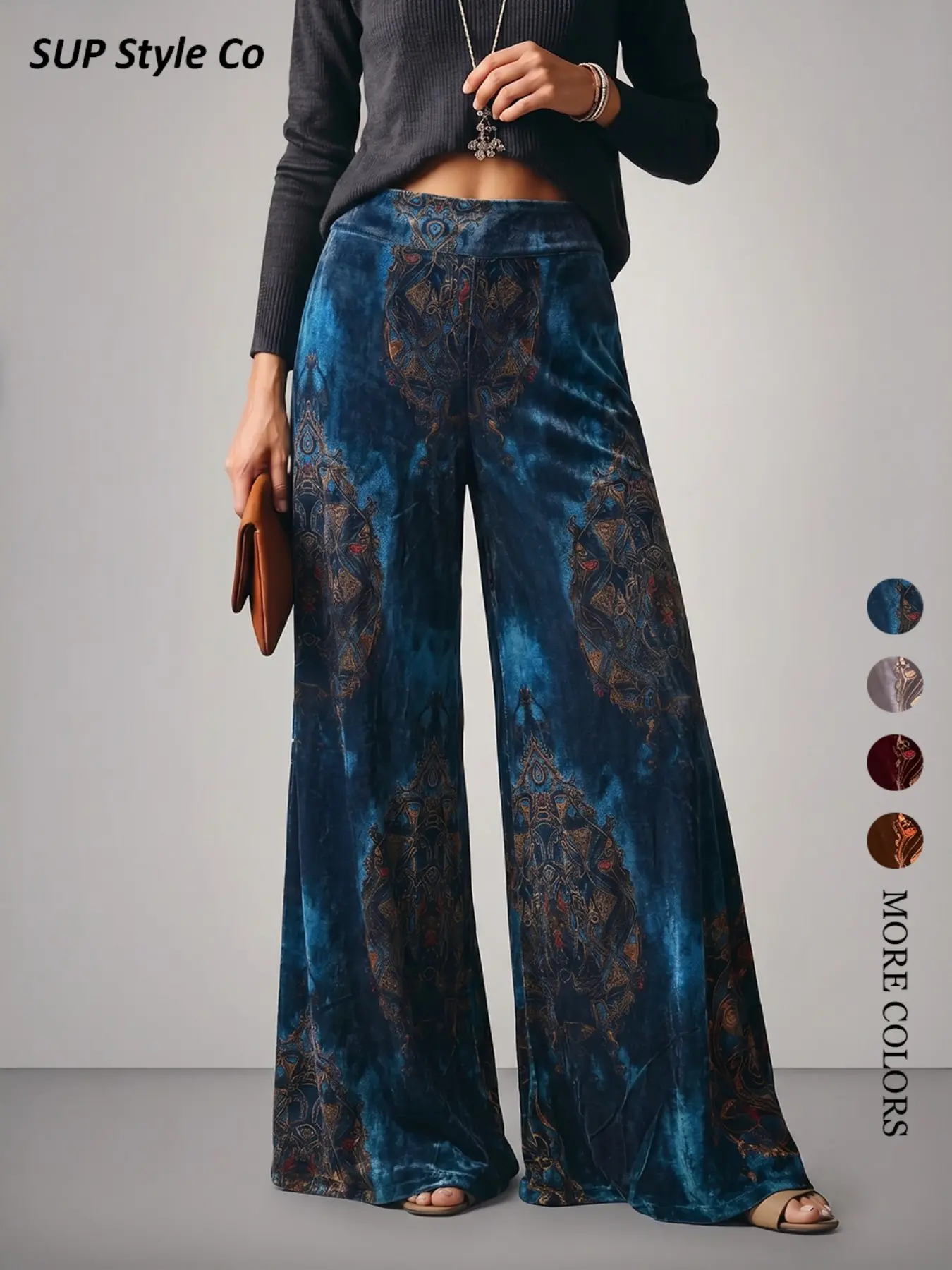 Vintage Pattern Wide Leg Pants for Women, Bohemian Luxury Design, Casual Social and Vacation Wear, Slim-Fitting, All Seasons