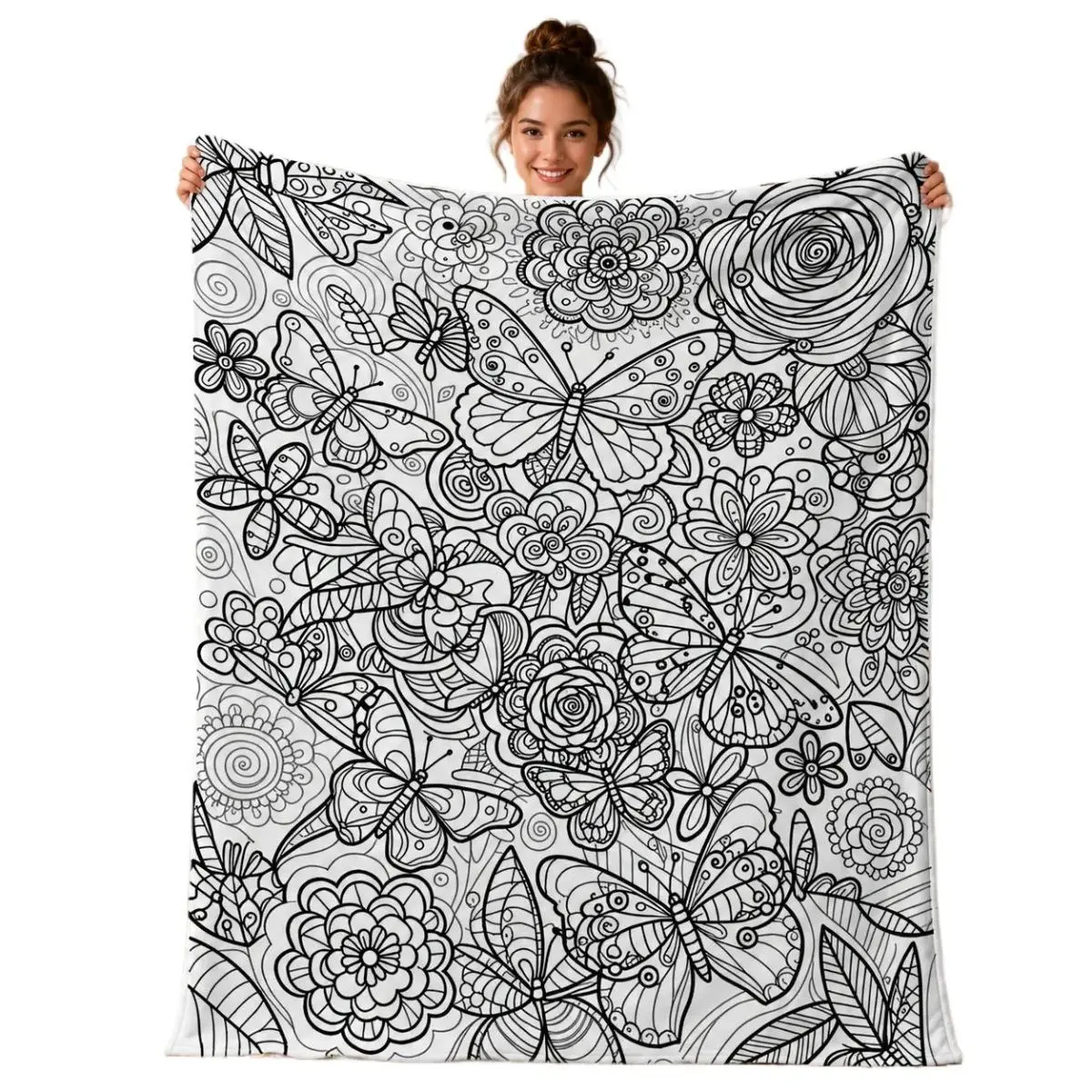 Creative Butterfly Floral Pattern Adult Stress Relief Coloring Blanket, Flannel Home Decor Blanket, Washable Sofa Cover, Versatile Warm Blanket for Bedroom And Living Room