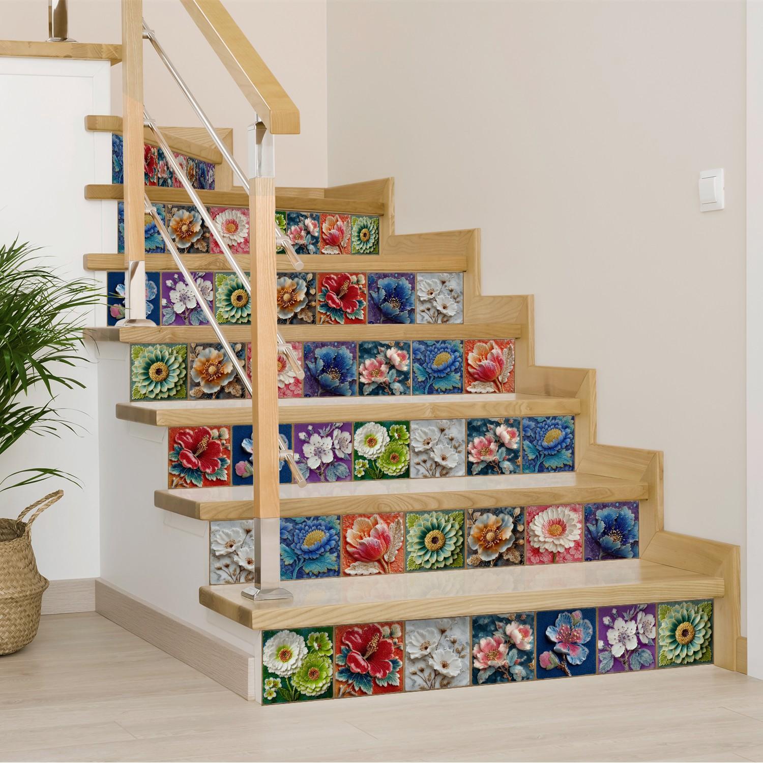 24PCS/Box NHZ 3D Embossed Floral Tile Stickers | Crystal Film Peel & Stick DIY Backsplash | Waterproof Oil-Proof for Kitchen/Bathroom/Furniture/Stairs/Wall Renovation