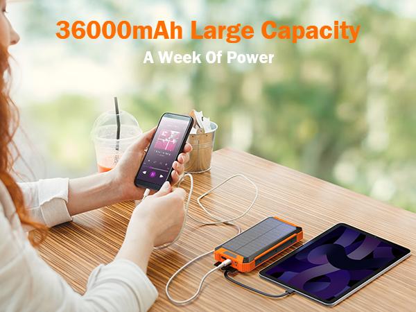 GOODaaa W22 36000mAh Solar Power Bank Wireless Charger Built in 4 Cables 6 Outputs 15W Fast Charging Power Bank for All Mobile Devices 3 Inputs Solar Portable Charger with Dual Flashlights, Carabiner