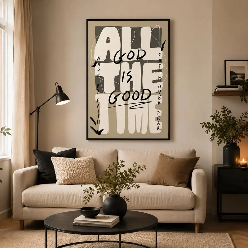 Modern Christian Wall Decor With"GOD.ALL.THE TIME.& GOOD.ALL.THE TIME.FAITH.ALL.THE TIME."-Black & White Minimalist Bible VerseArt In Beige/Gray/White - VerticalInspirational Scripture Print For Home,Church - Modern Christian Wall Decor With