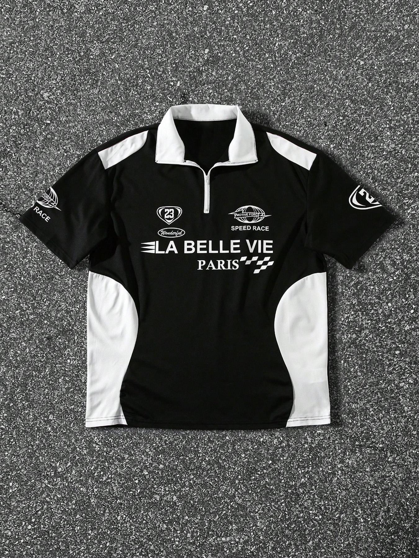 Men's Patchwork Half-Zip Polo Shirt, Racing Style Trendy Design, Perfect for Daily Wear or Unique